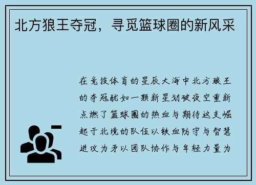 北方狼王夺冠，寻觅篮球圈的新风采